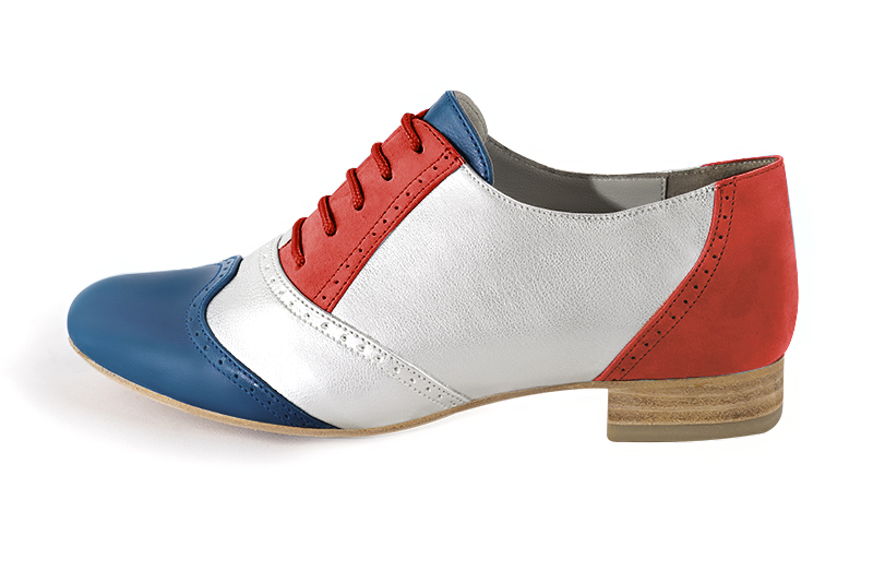 Denim blue, light silver and scarlet red women's fashion lace-up shoes.. Profile view - Florence KOOIJMAN